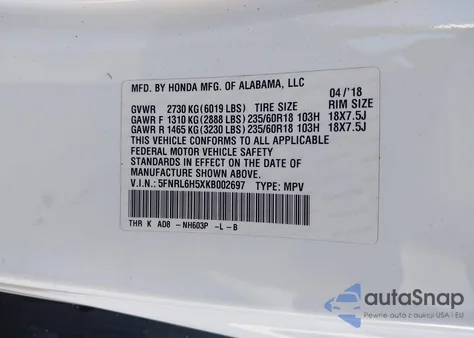 2019 Honda Odyssey Ex z USA, uszkodzony, nr VIN 5FNRL6H5XKB002697